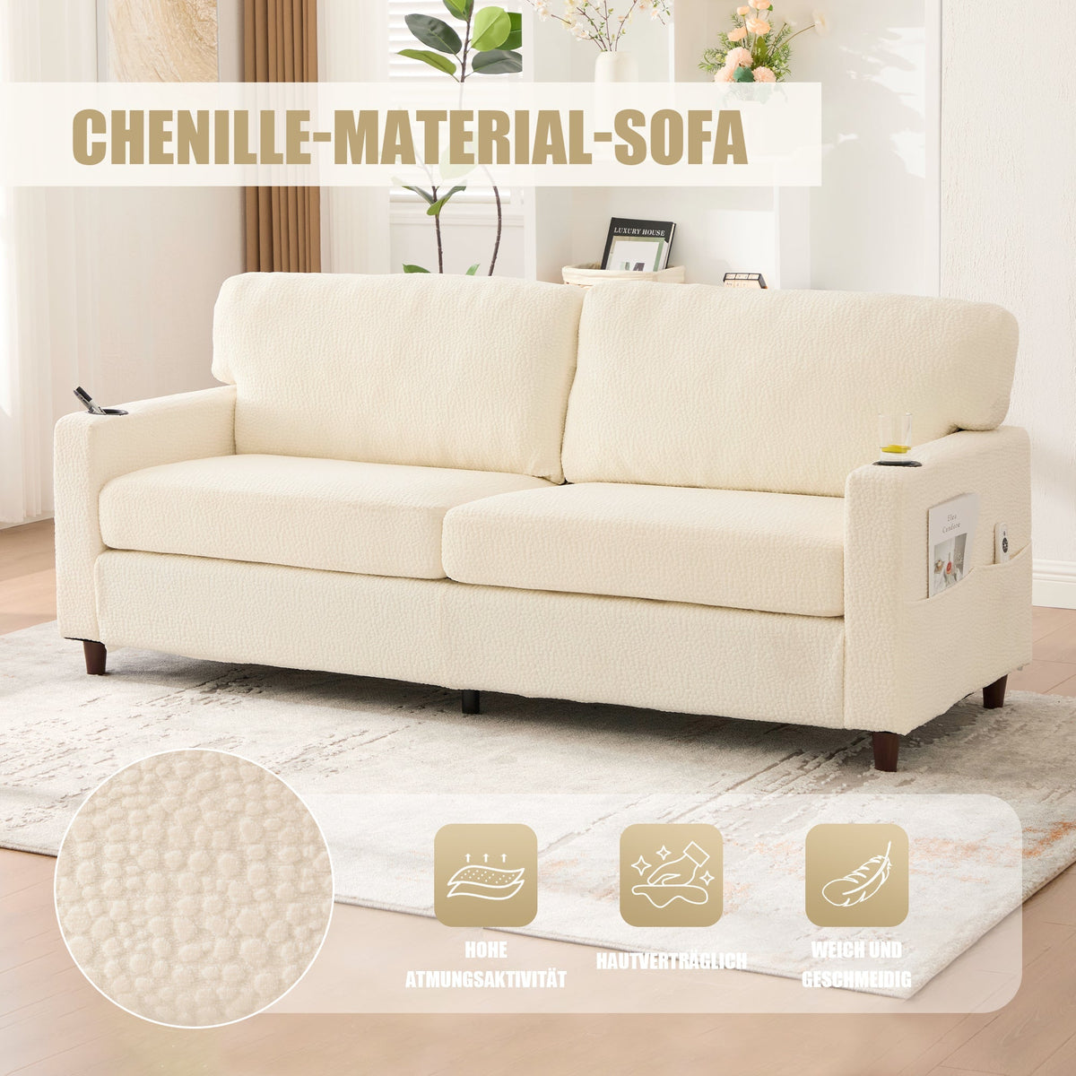 Modern 2-Seater Sofa with USB-C, LED Light, Cupholders, Chenille Beige