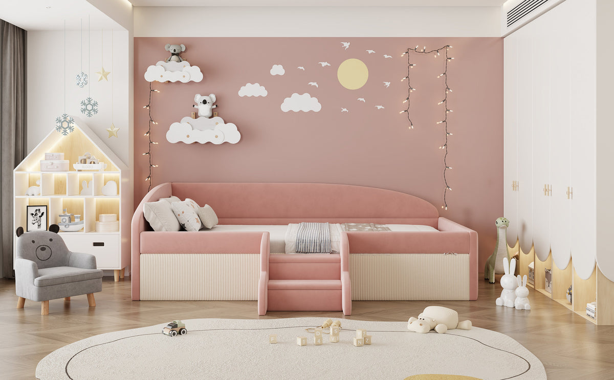 Upholstered Sofa Bed, 90x190cm Multifunctional with Steps and Railings, Velvet Fabric Pink + Cream White