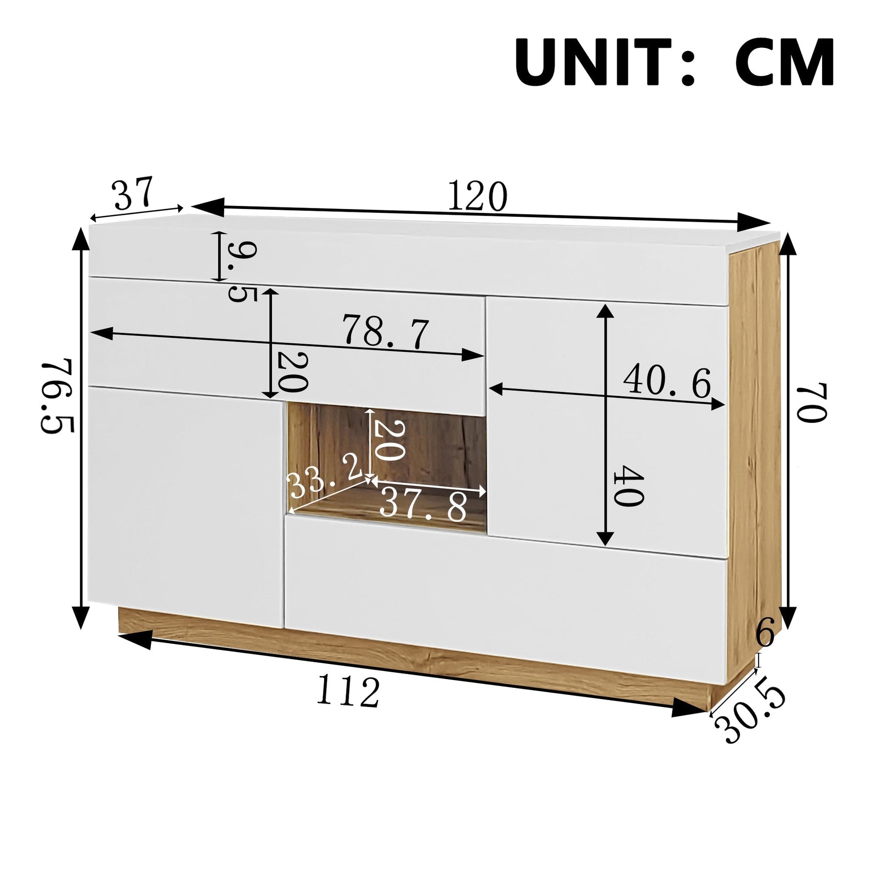 Sideboard, High-Gloss Display Cabinet with LED Lighting & Drawers, White