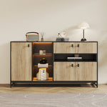 Modern Minimalist Storage Cabinet with Double Doors, Open Shelving and Glass Shelves, Wood and Metal