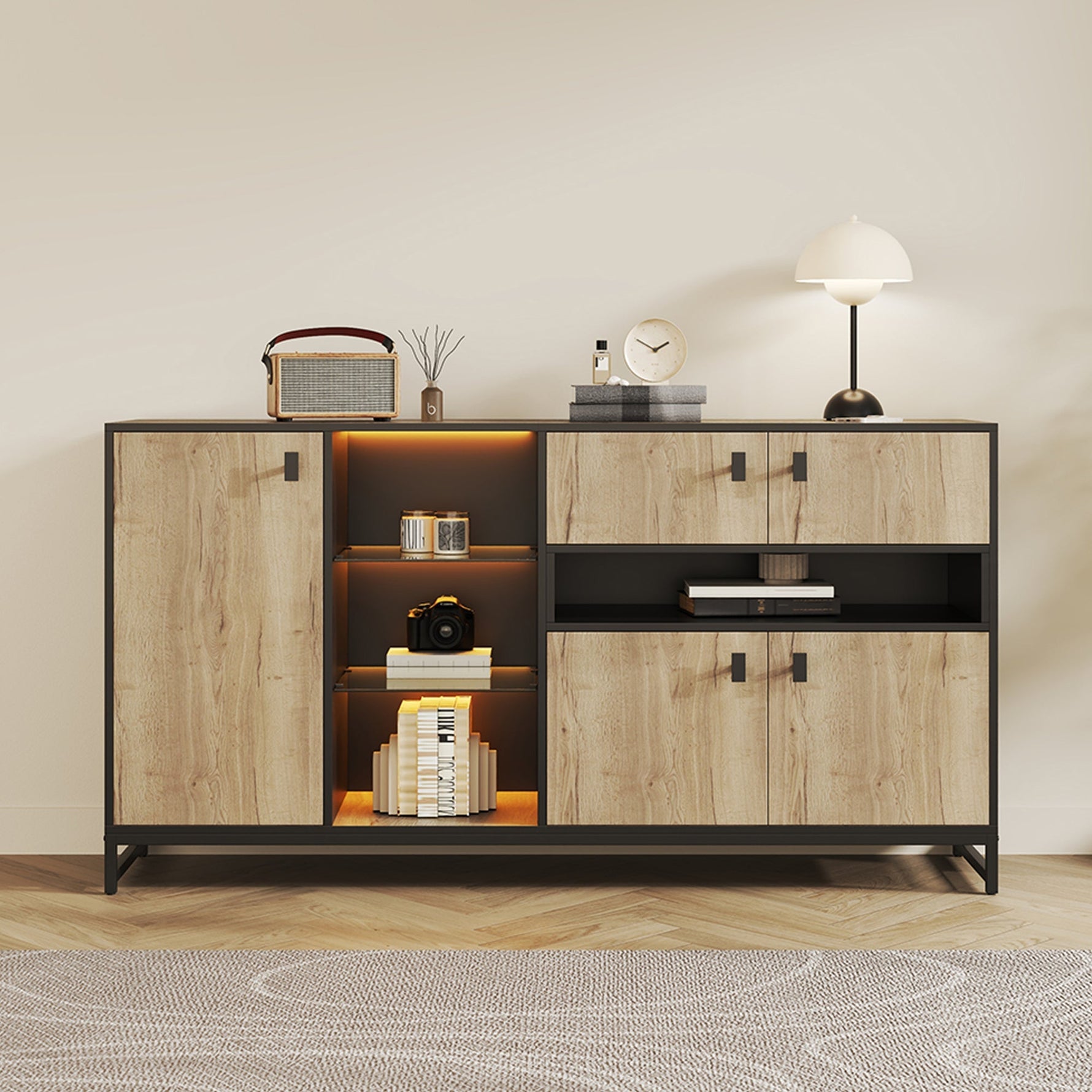 Modern Minimalist Storage Cabinet with Double Doors, Open Shelving and Glass Shelves, Wood and Metal