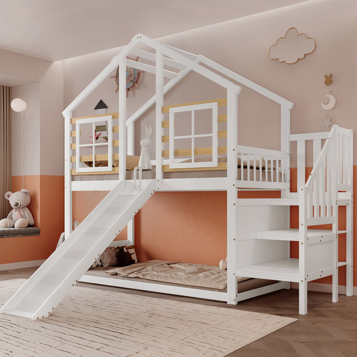 Bunk Bed with Slide & Stairs - Kids Cabin Bed, White Solid Wood
