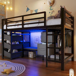 Mid-Height Bed with LED Lighting and Fabric Storage, 90x200 cm, Black Metal