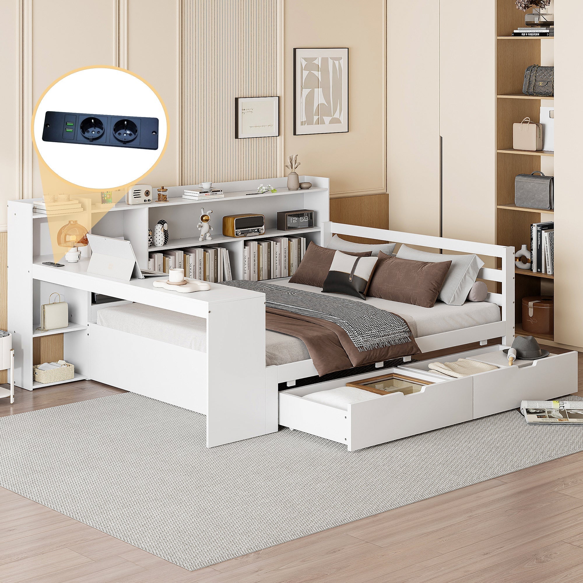 Solid Wood Sofa Bed, 140x200 cm, with Desk, Bookshelf, Storage, Power Outlet, White