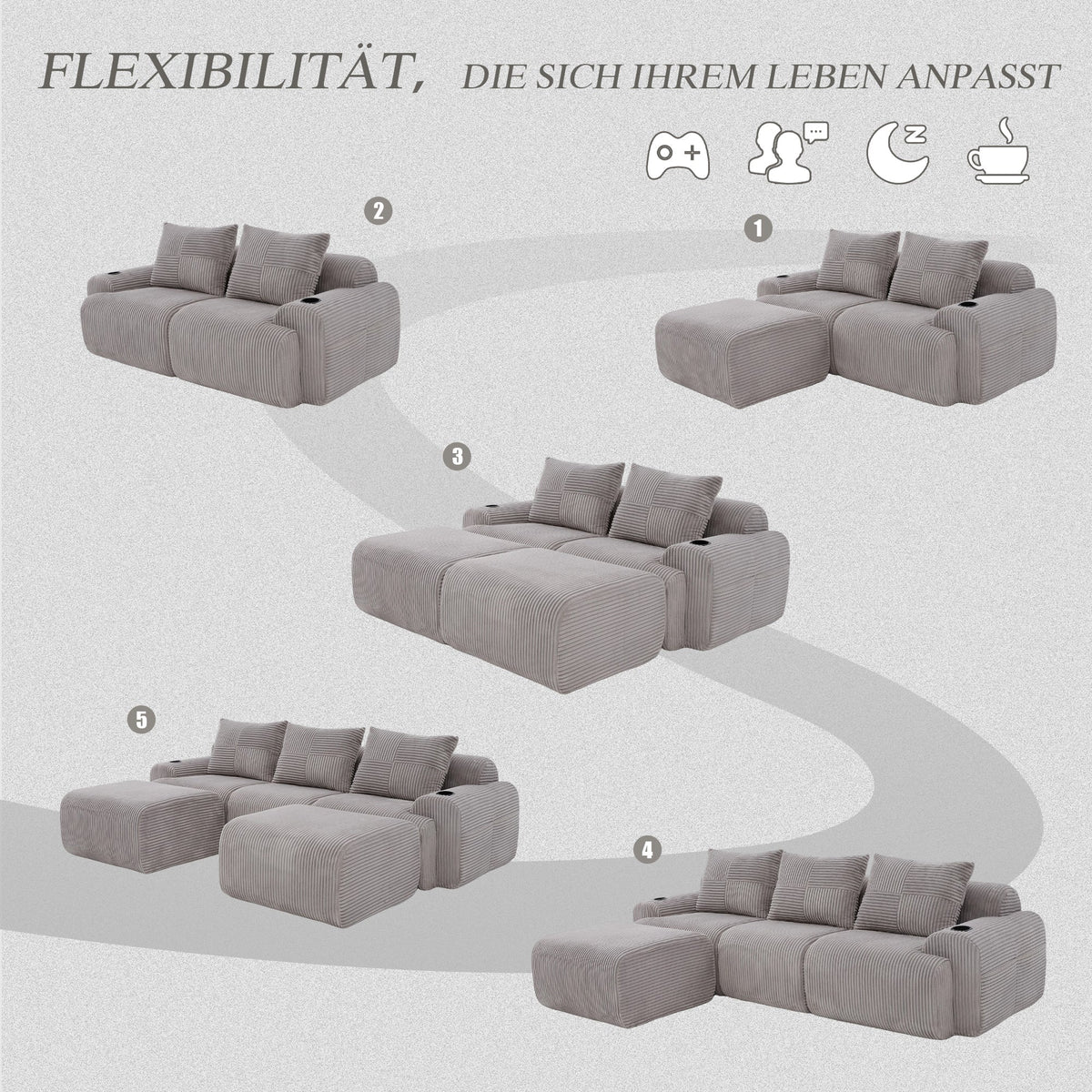 Modular Corduroy Sofa 3-Seater 2 Ottomans Cup Holders Storage Light Grey