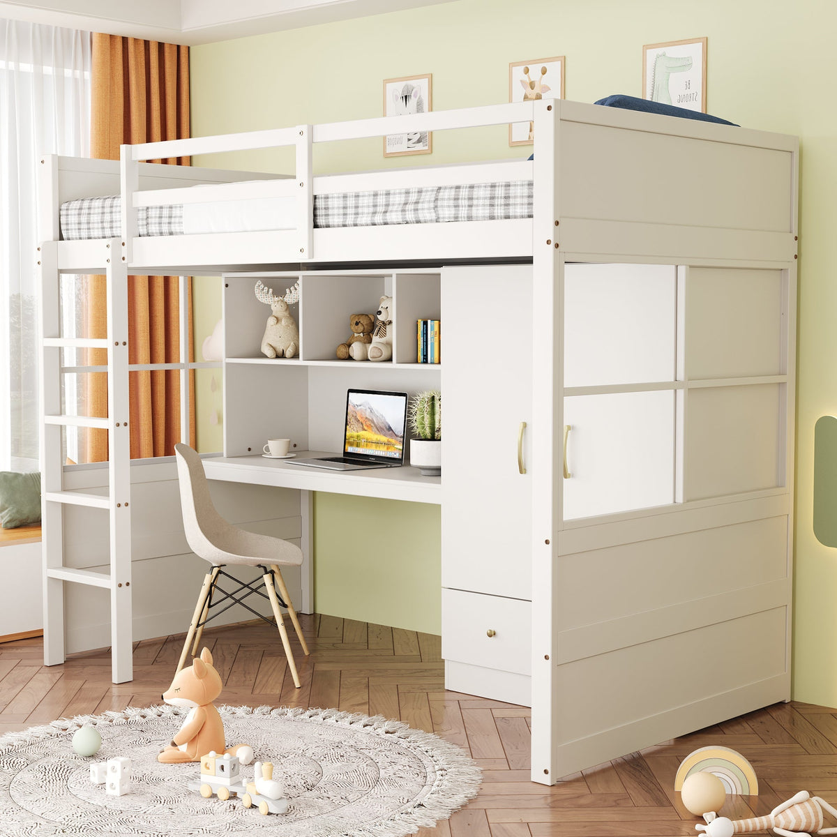 Loft Bed 90x200cm, Ladder, Desk, Wardrobe & Drawers, White