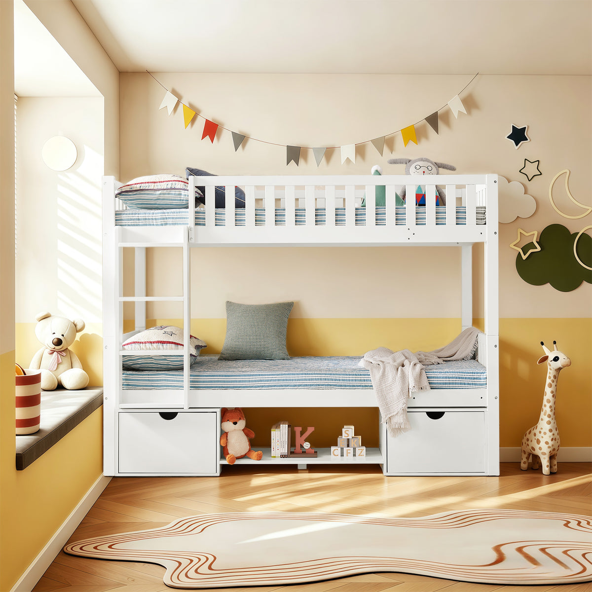 Children's Bunk Bed 90x200cm with Storage Drawers, White Pine Wood