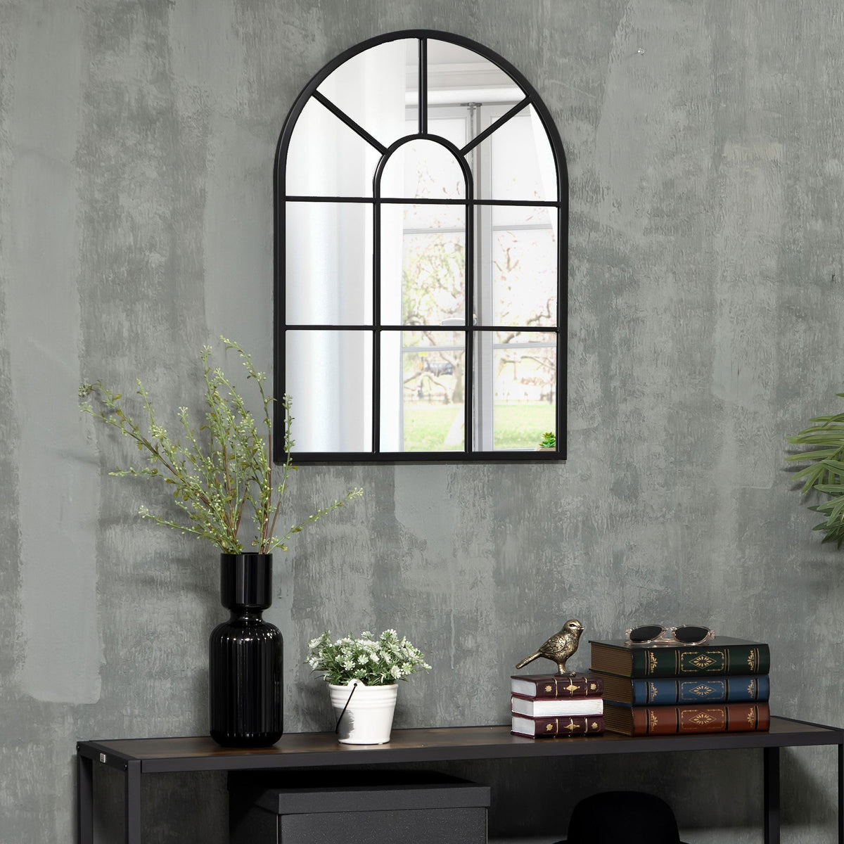 Wall Mirror Window Mirror, Decorative 70x50cm Hanging, Black Metal Frame