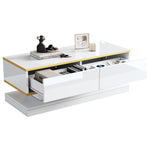 Coffee Table 100x50x38cm High Gloss with 2 Drawers, Warm White and Gold Edge