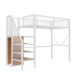 Loft Bed 90x200 cm with Ladder, Storage & LED Light, White Metal