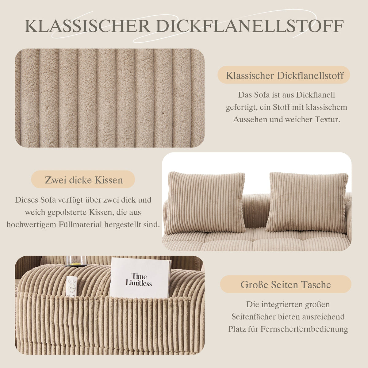 Two-Seater Sofa - No Assembly Storage Pocket Drink Holder - Corduroy