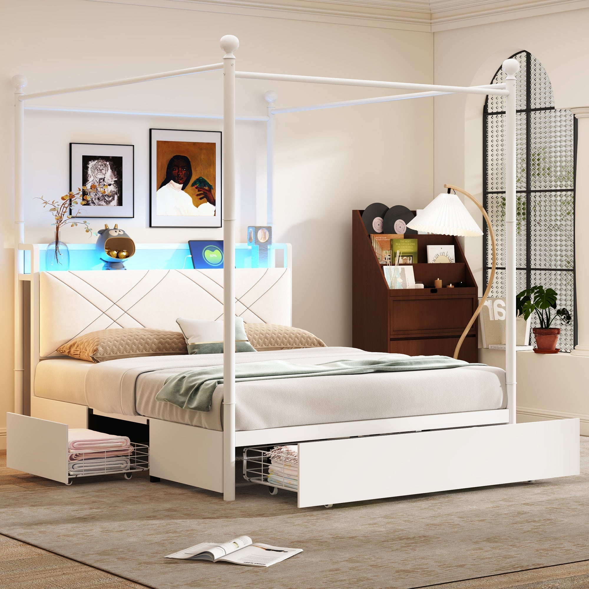 Multifunctional Double Bed with Iron Canopy, LED, USB and 3 Drawers, 140x190cm, White