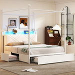 Multifunctional Double Bed with Iron Canopy, LED, USB and 3 Drawers, 140x190cm, White