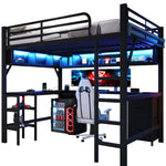 Gaming Loft Bed with Desk, Bookshelf & Wardrobe, Black Metal
