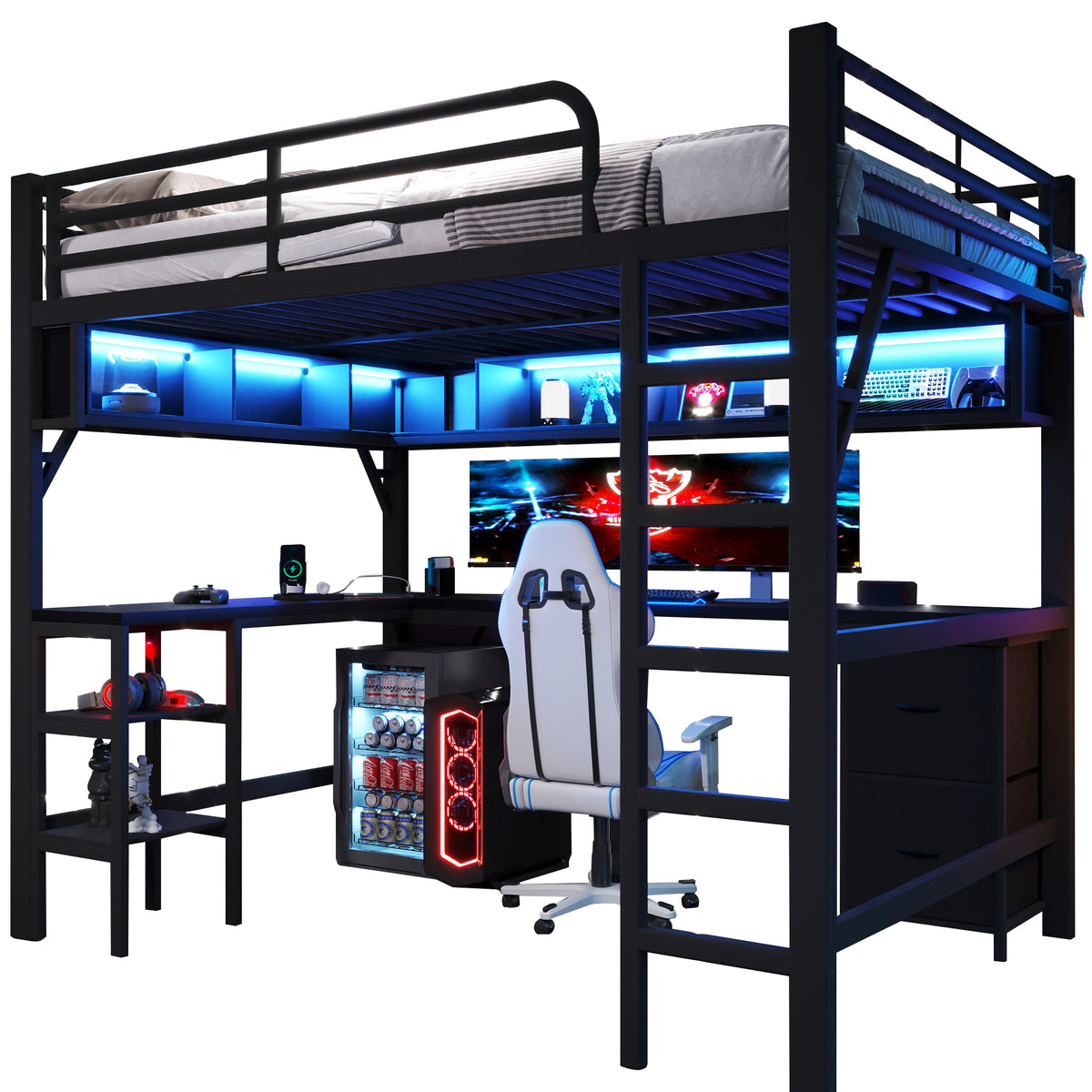 Gaming Loft Bed with Desk, Bookshelf & Wardrobe, Black Metal