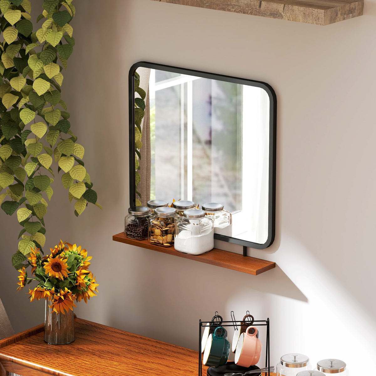 Wall Mirror with Wooden Shelf, Rectangular, Black