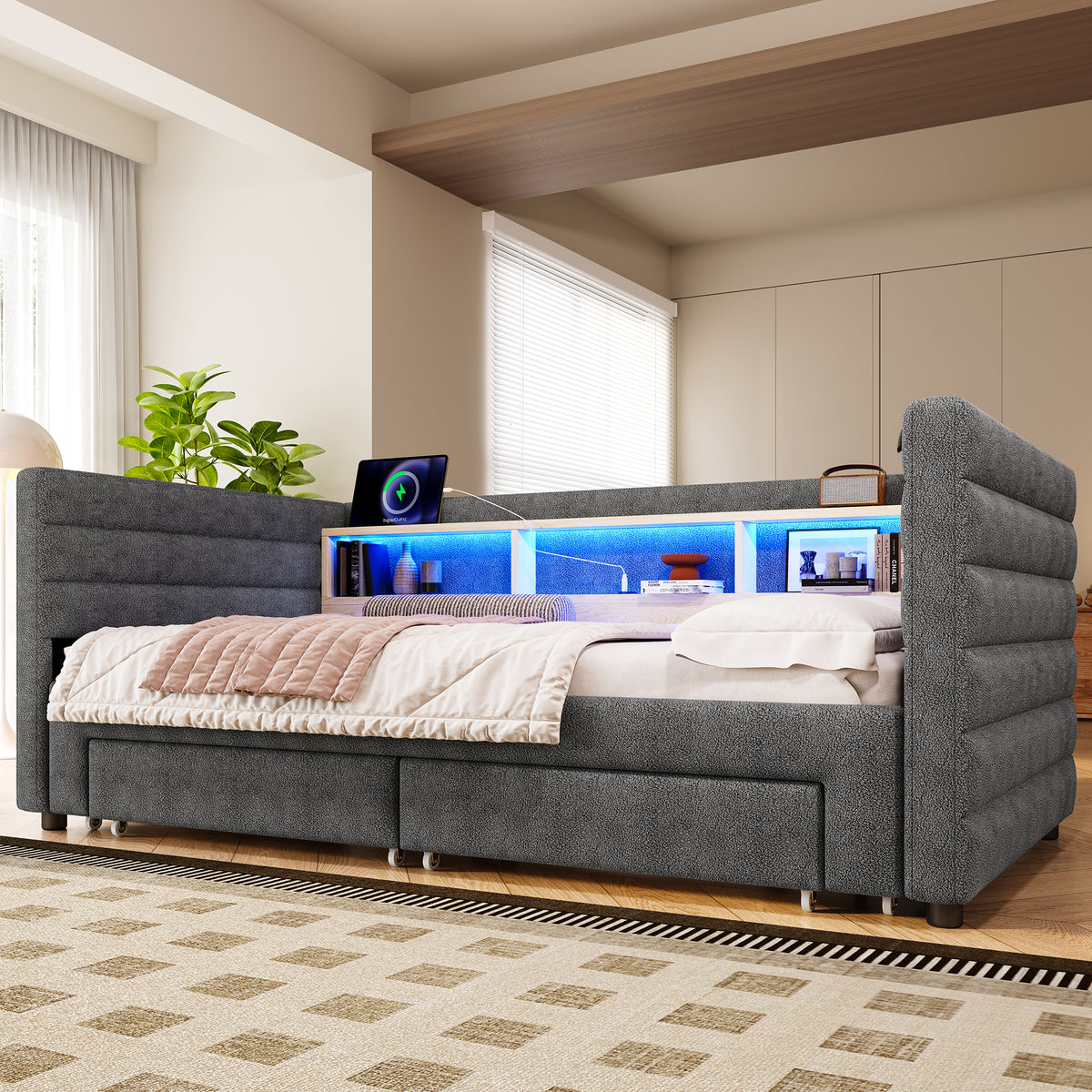 Multifunctional Daybed 90x190cm with Drawers, Grey Velvet
