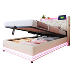 Children's Upholstered Bed 90*200cm, Lights, USB, Storage, Beige Linen