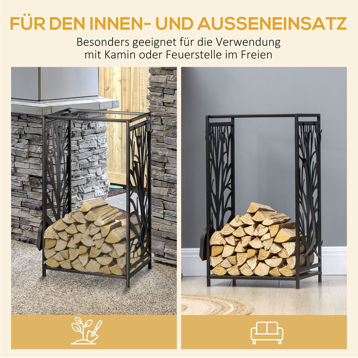 Firewood Rack with Tools, Steel, Black