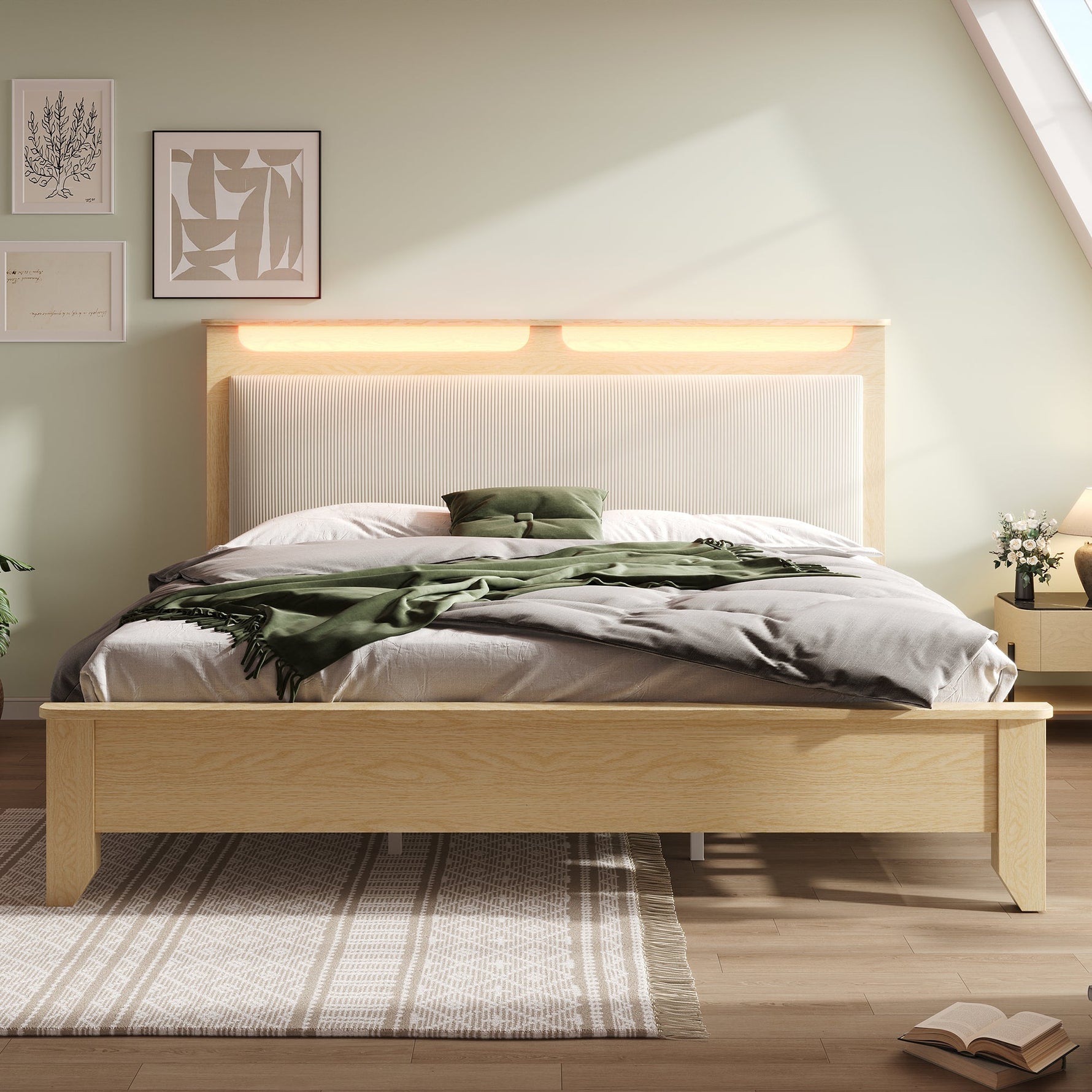 Double Wooden Bed, 160x200cm, Headboard Storage, LED, Light Oak