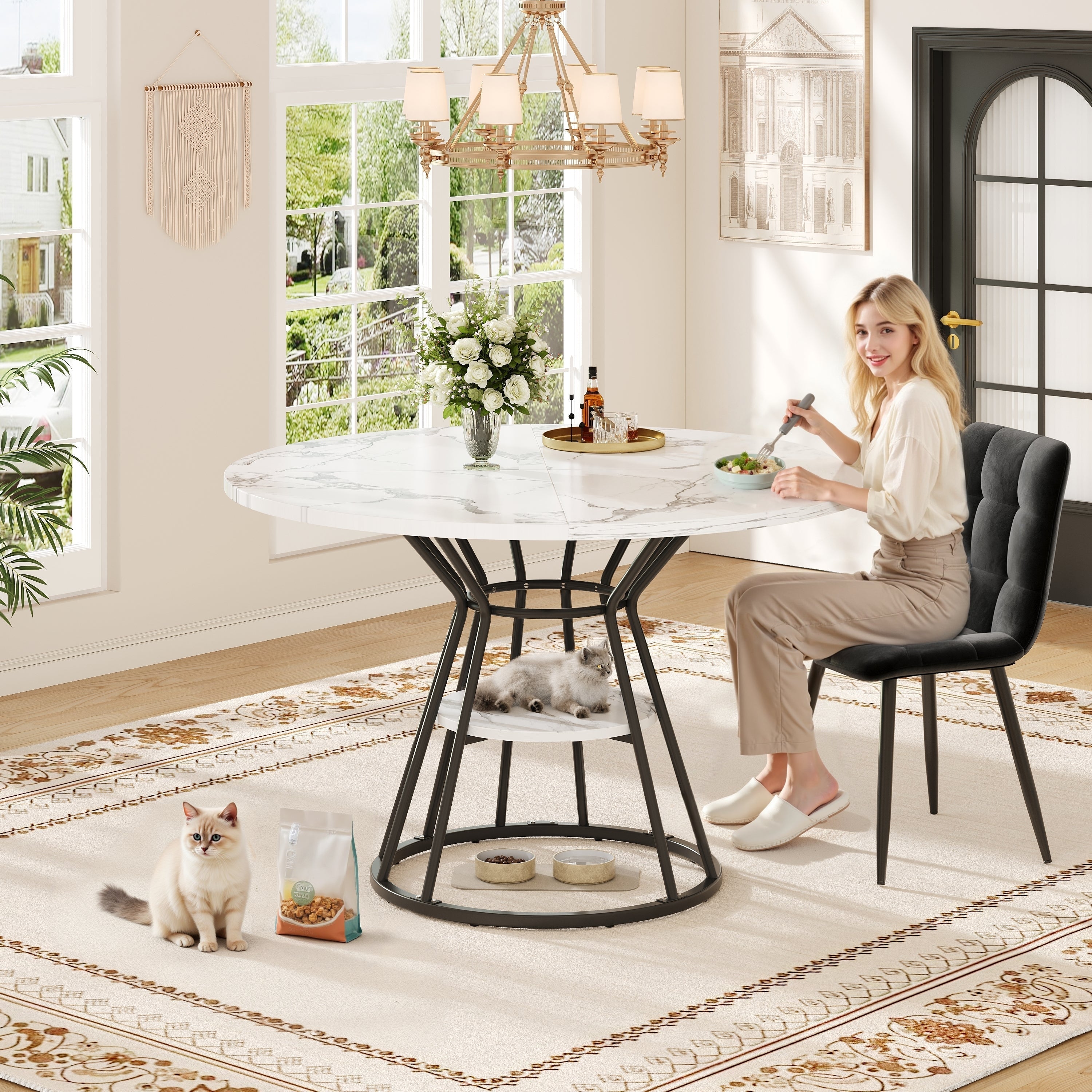Round Dining Table with Metal Legs and Storage Shelf, Marble Pattern Gold and Black