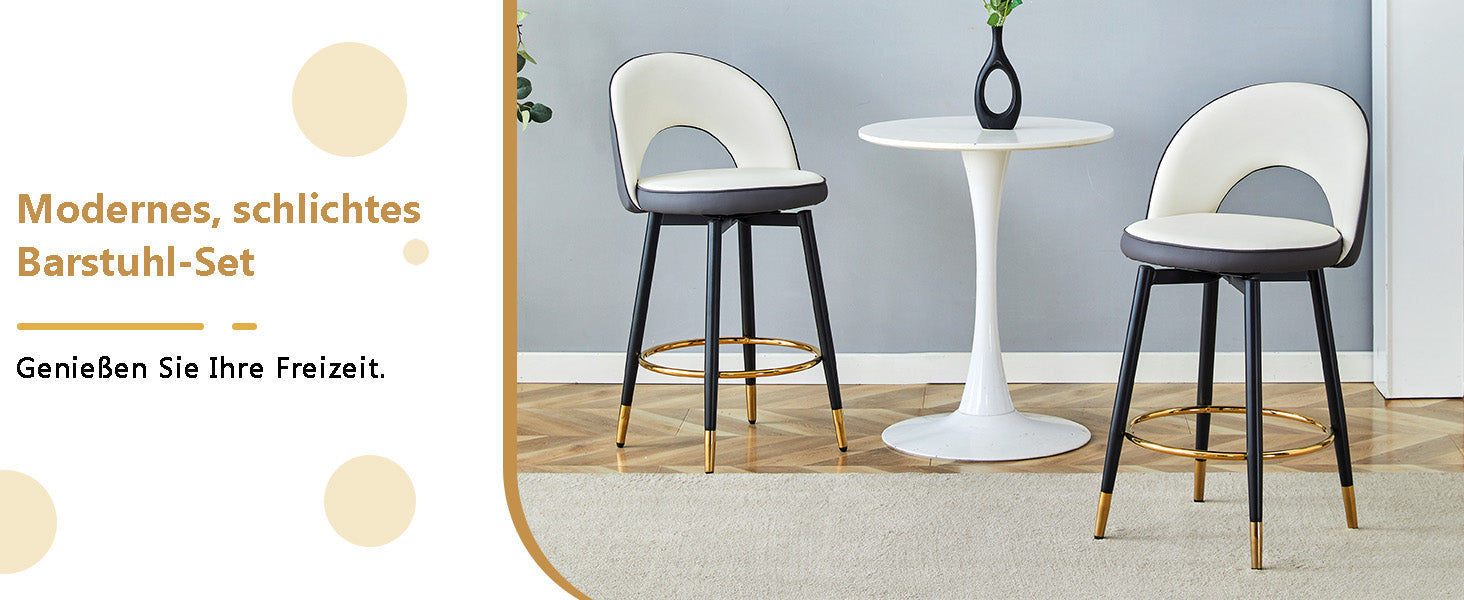 360° Swivel Bar Stool Set of 2 with Padded Seat and Open Back, Dark Grey and White PU Leather
