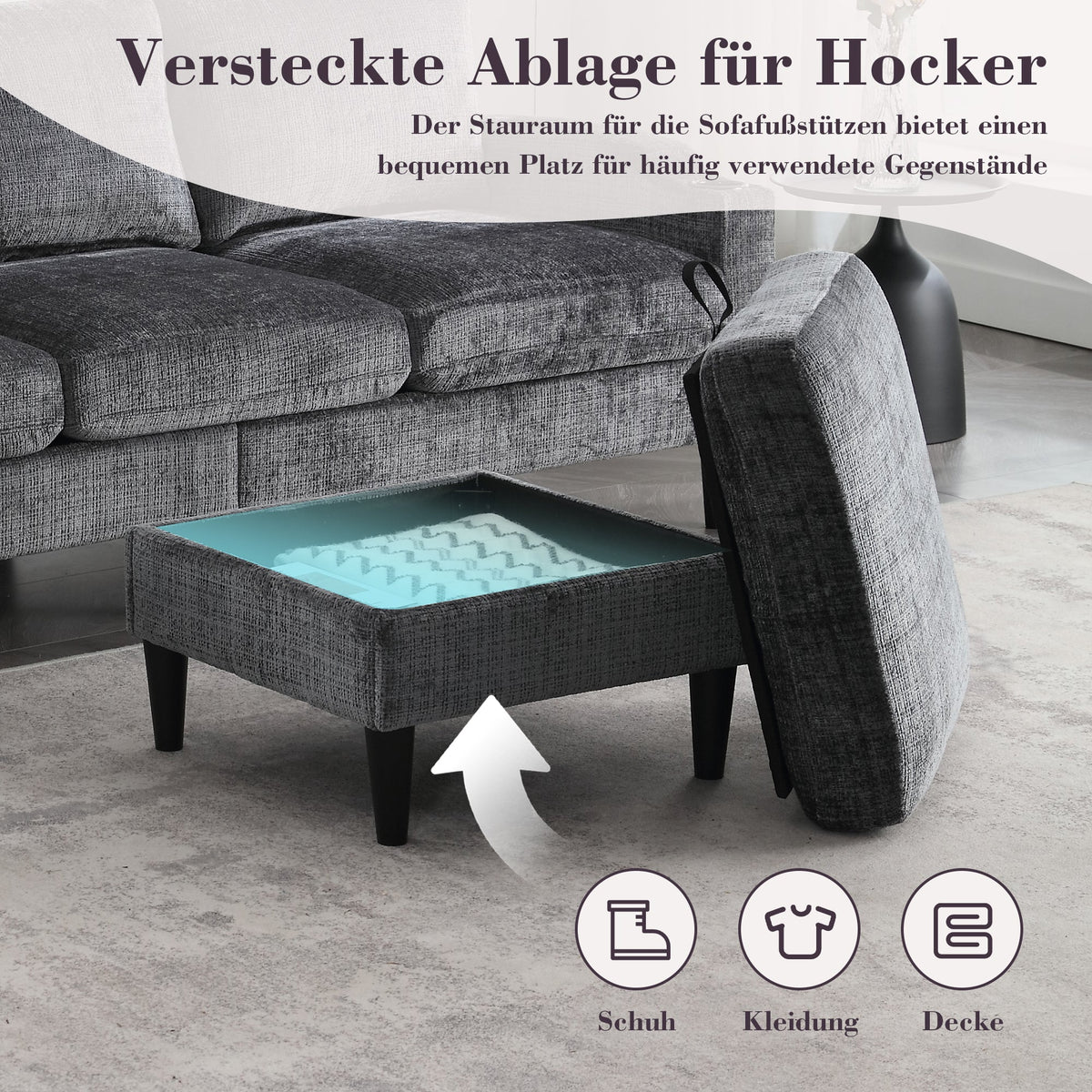 Sofa, 4-Seater with Footstool & Storage, Velvet