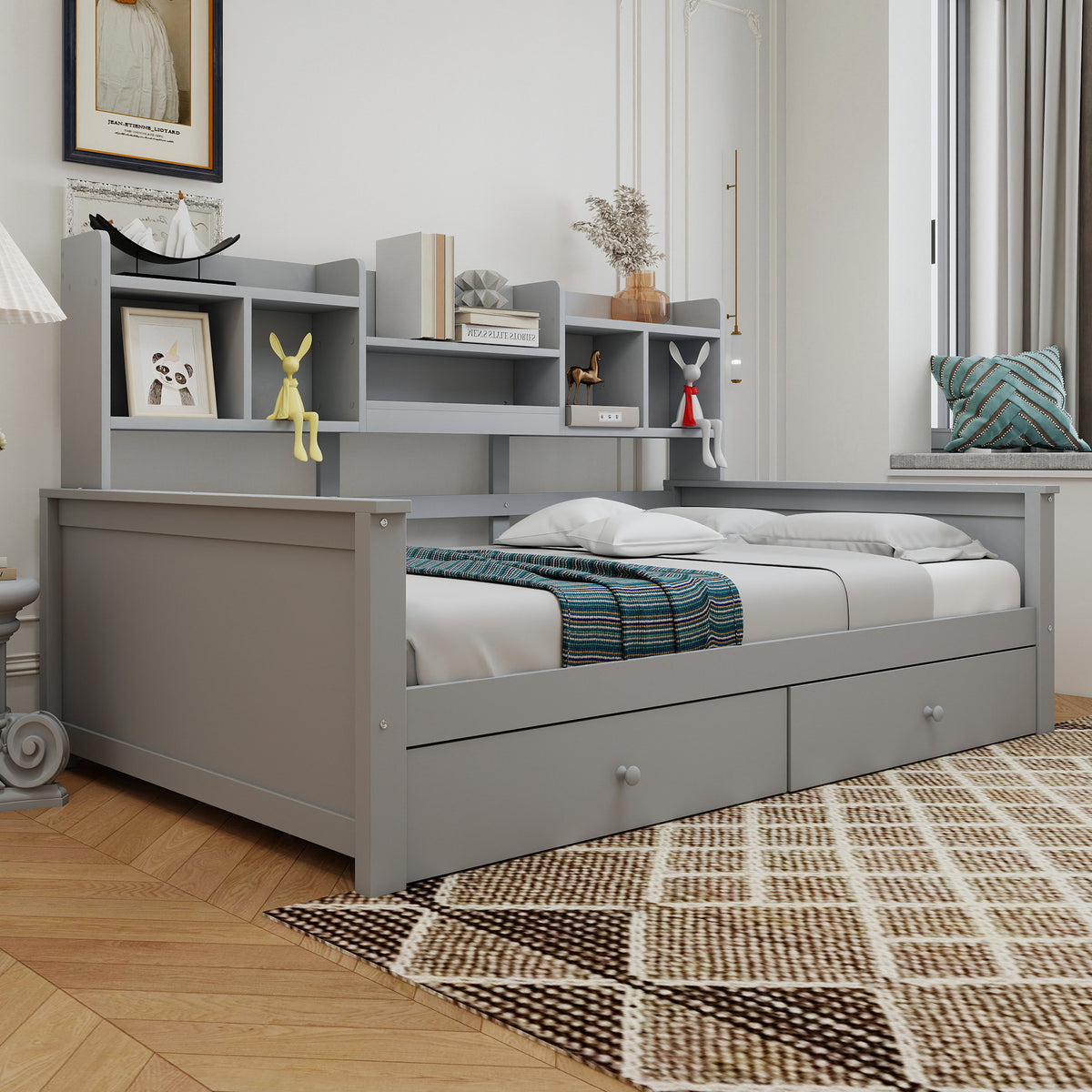 Sofa Bed 90x200 with Drawers & Shelves, Solid Wood Grey