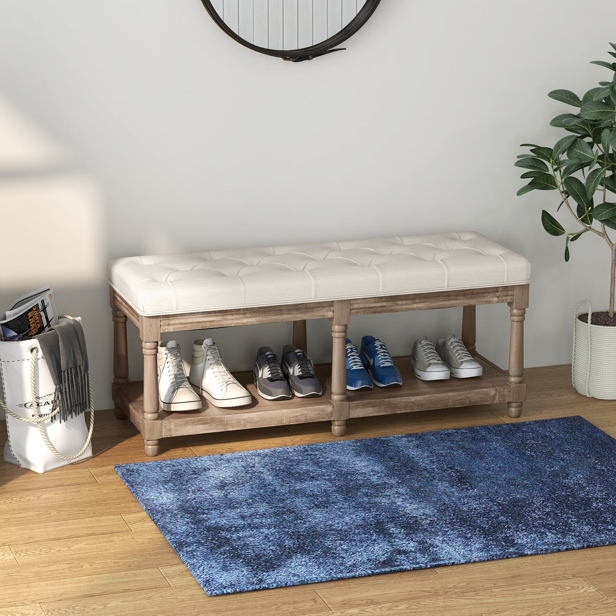 Shoe Bench, Padded Seat, Shoe Rack, Cream