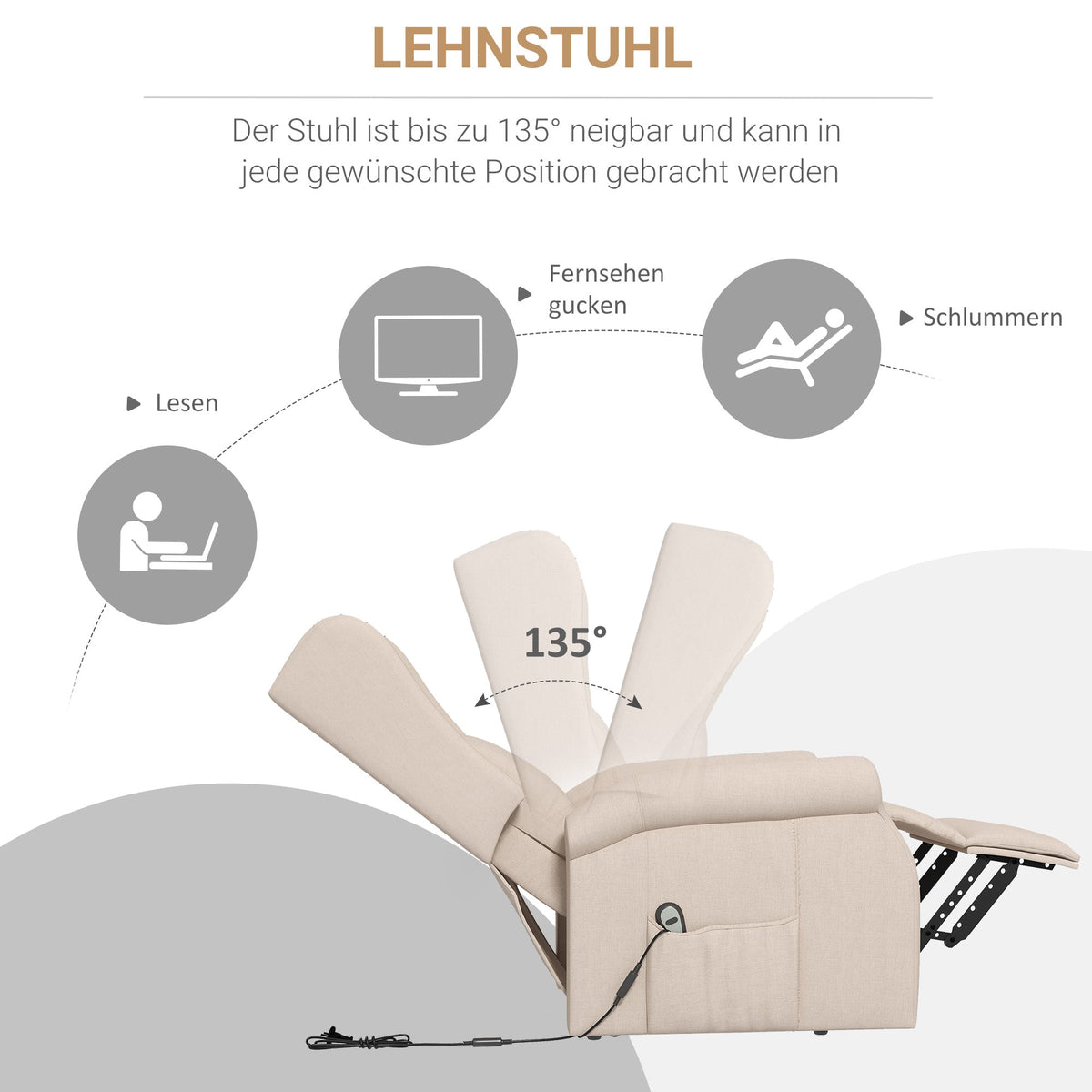Electric Reclining Chair Lift Assistance up to 200kg, Cream