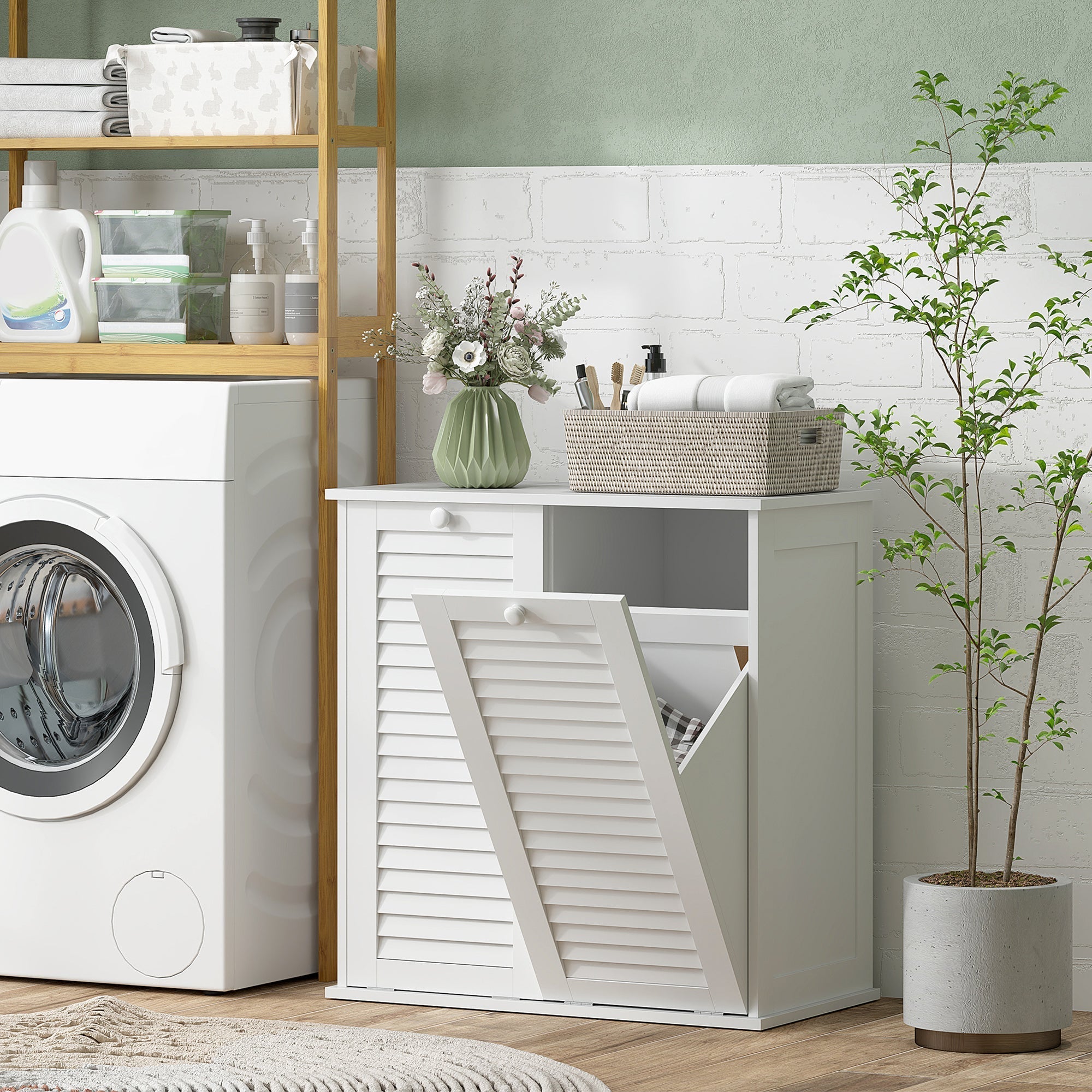 Laundry Cabinet, 2 Baskets, Louvered Doors, White