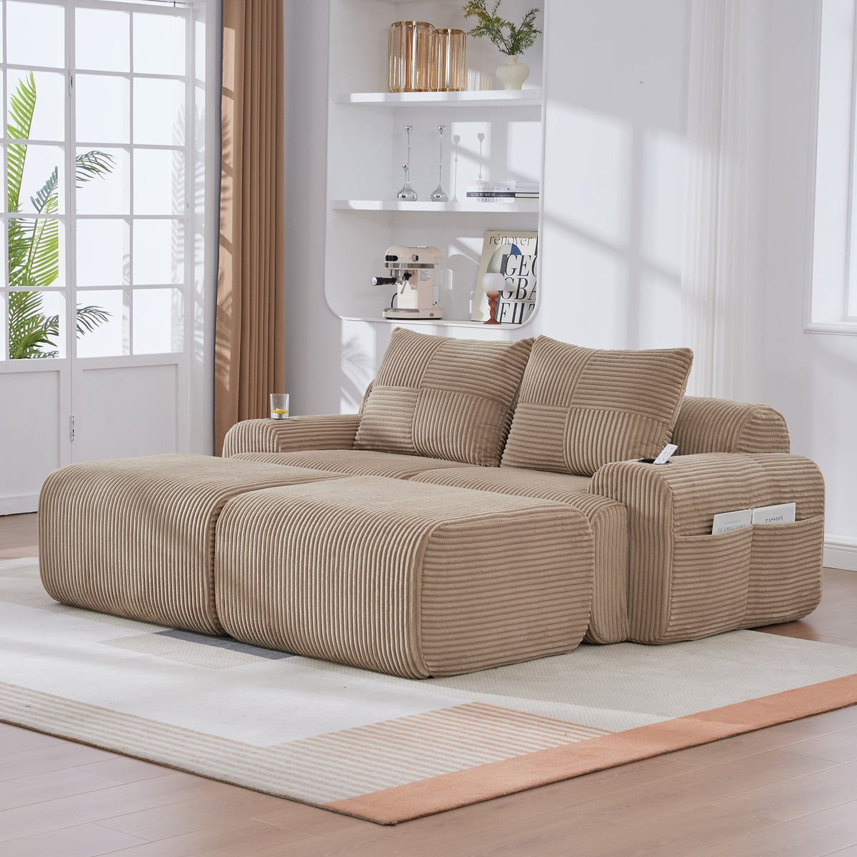 Modular Sofa 2-Person 2 Ottomans Cup Holder Storage Corduroy Khaki
