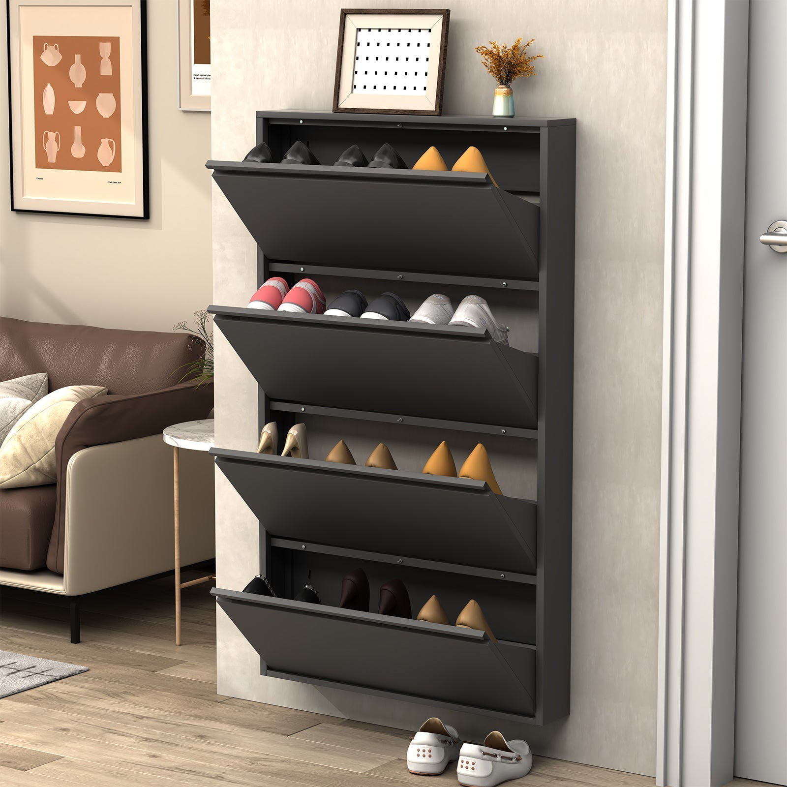 Metal Shoe Cabinet 4 Flip Drawers Narrow Wall Mount Black