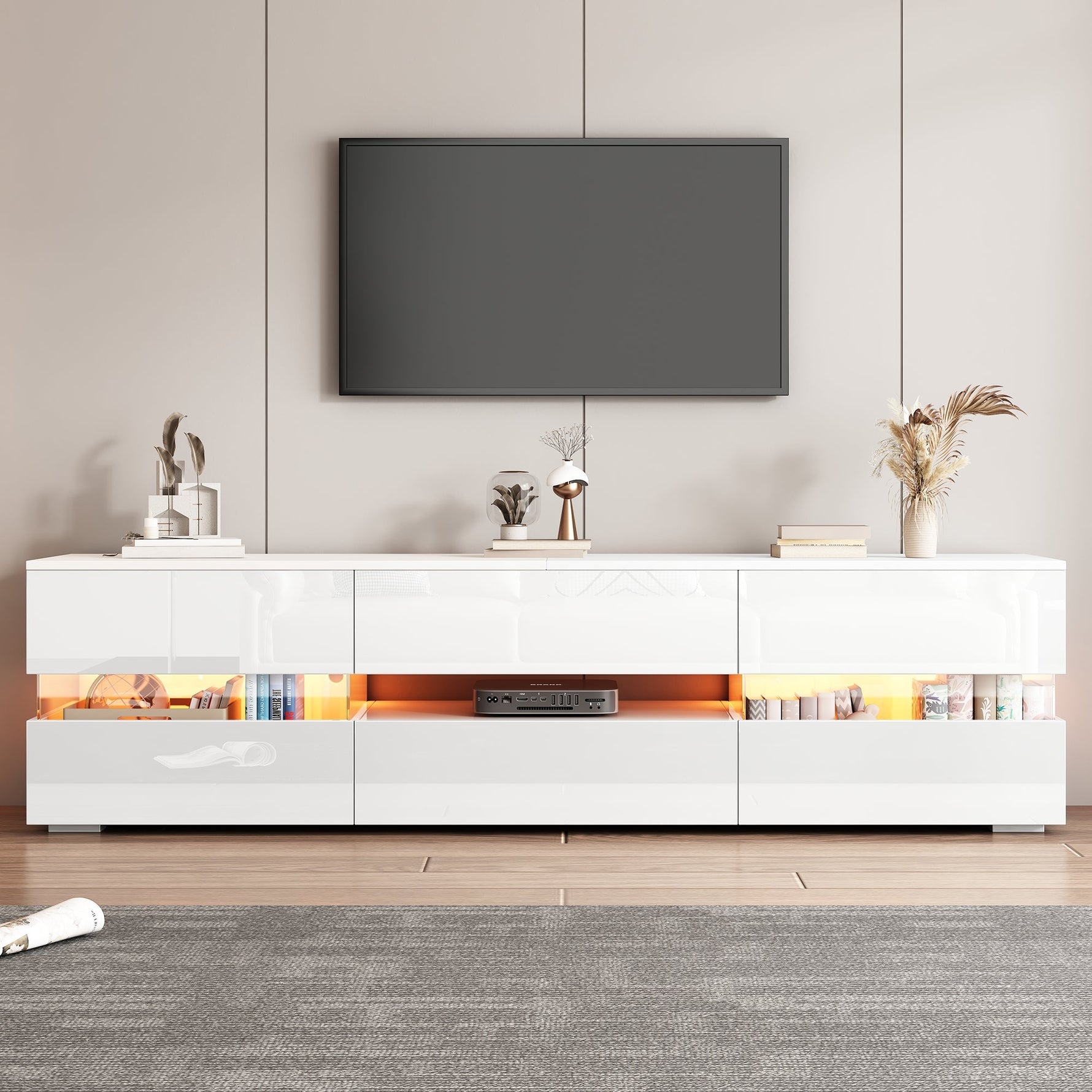 Modern TV Cabinet 160cm LED Storage for 70-inch TVs High-Gloss White