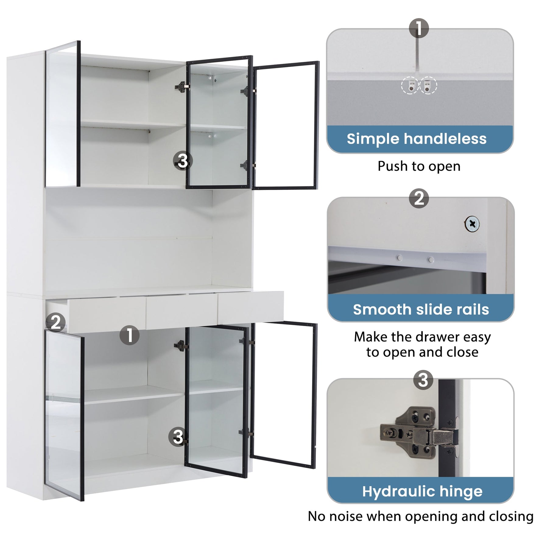 White Display Cabinet with LED Lights and 6 Glass Doors, 200cm High, White and Black Aluminium Frame