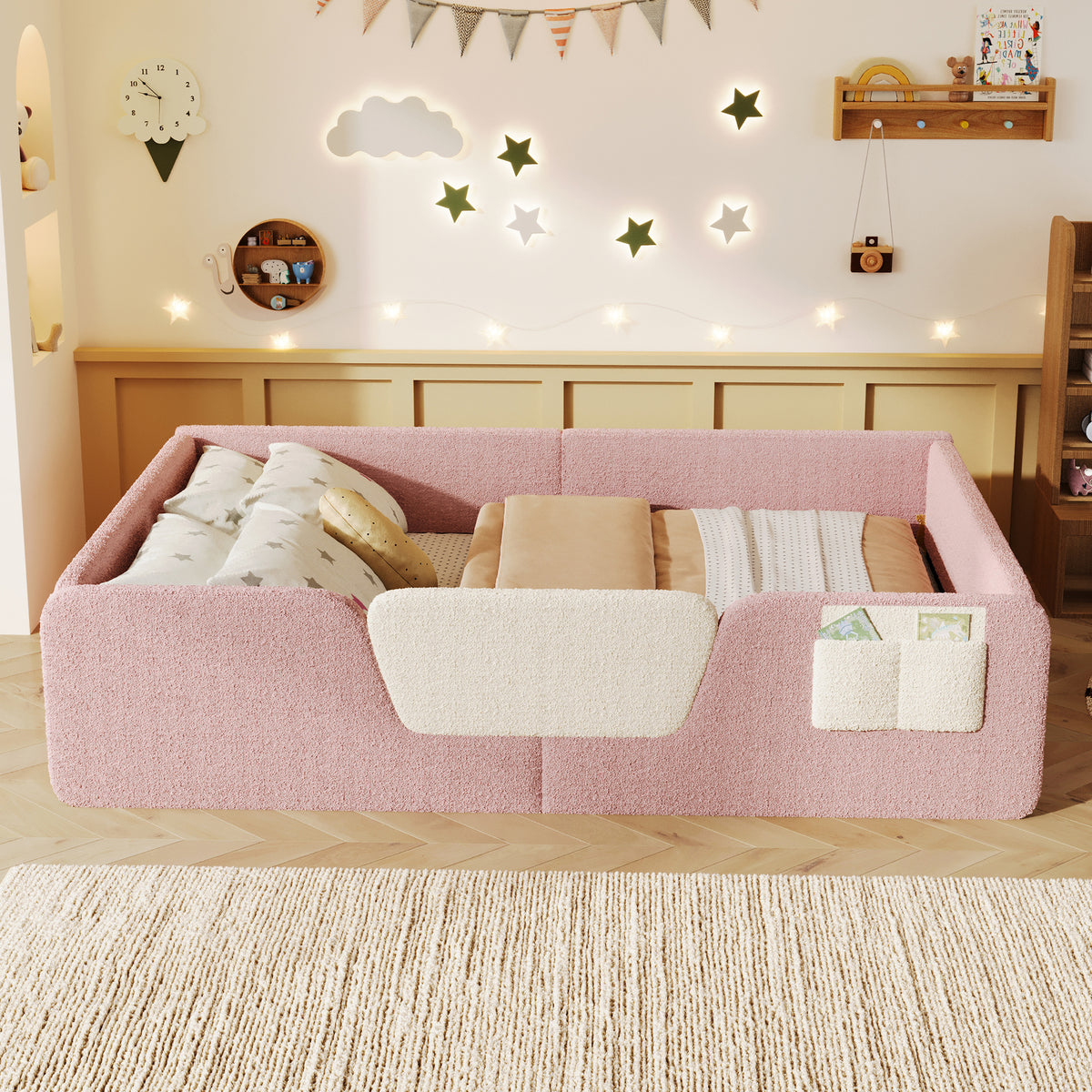 Upholstered Bed 140x190cm with Safety Rails, Pink Velvet