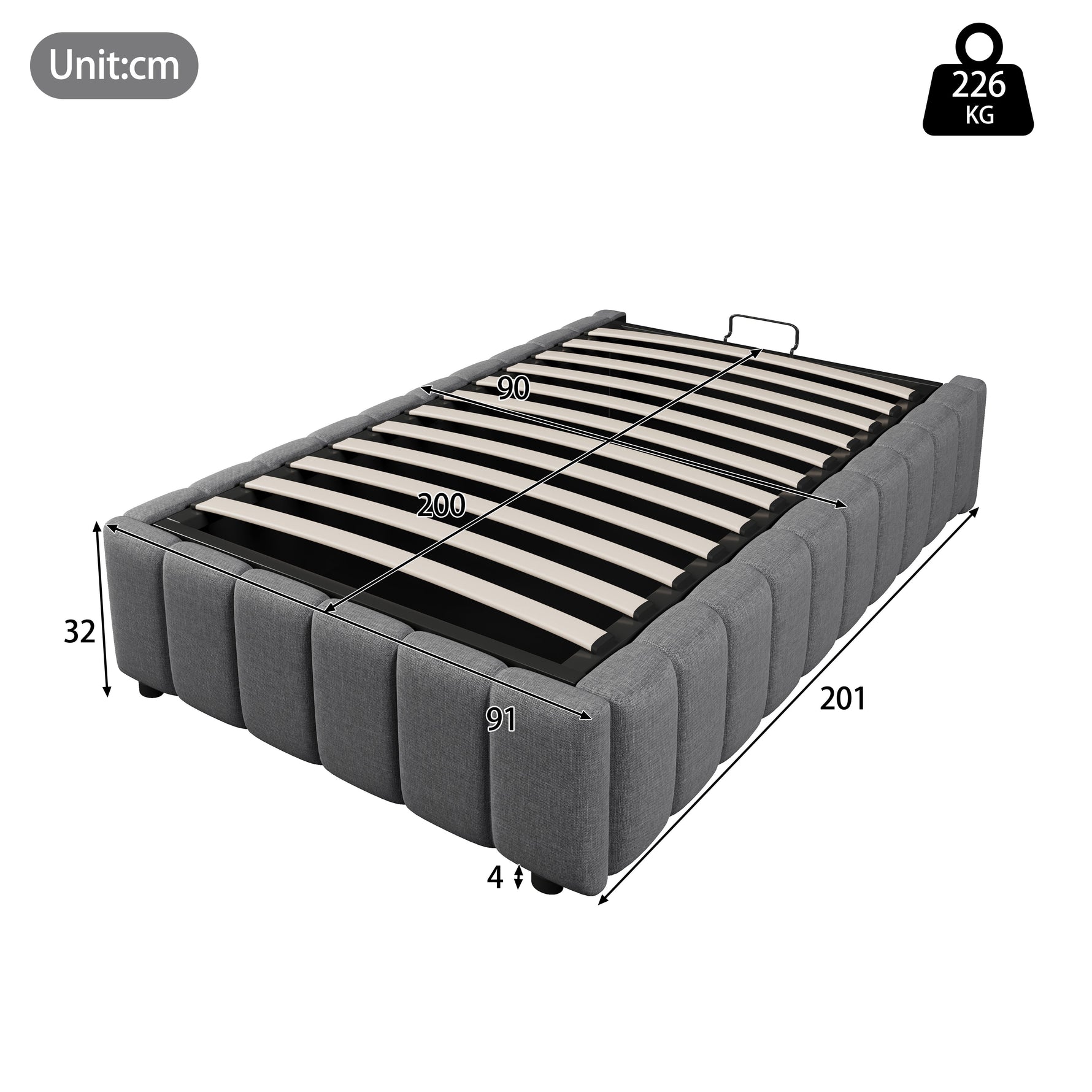 Upholstered Bed with Hydraulic Storage and 90x200cm Base, Grey