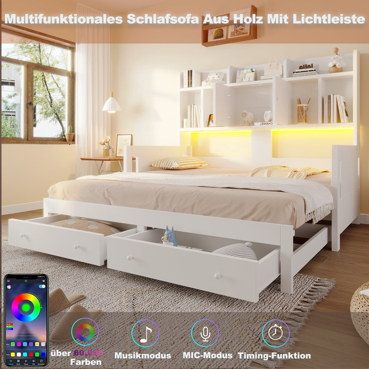 Extendable Wooden Sofa Bed with Storage Drawers & LED - White