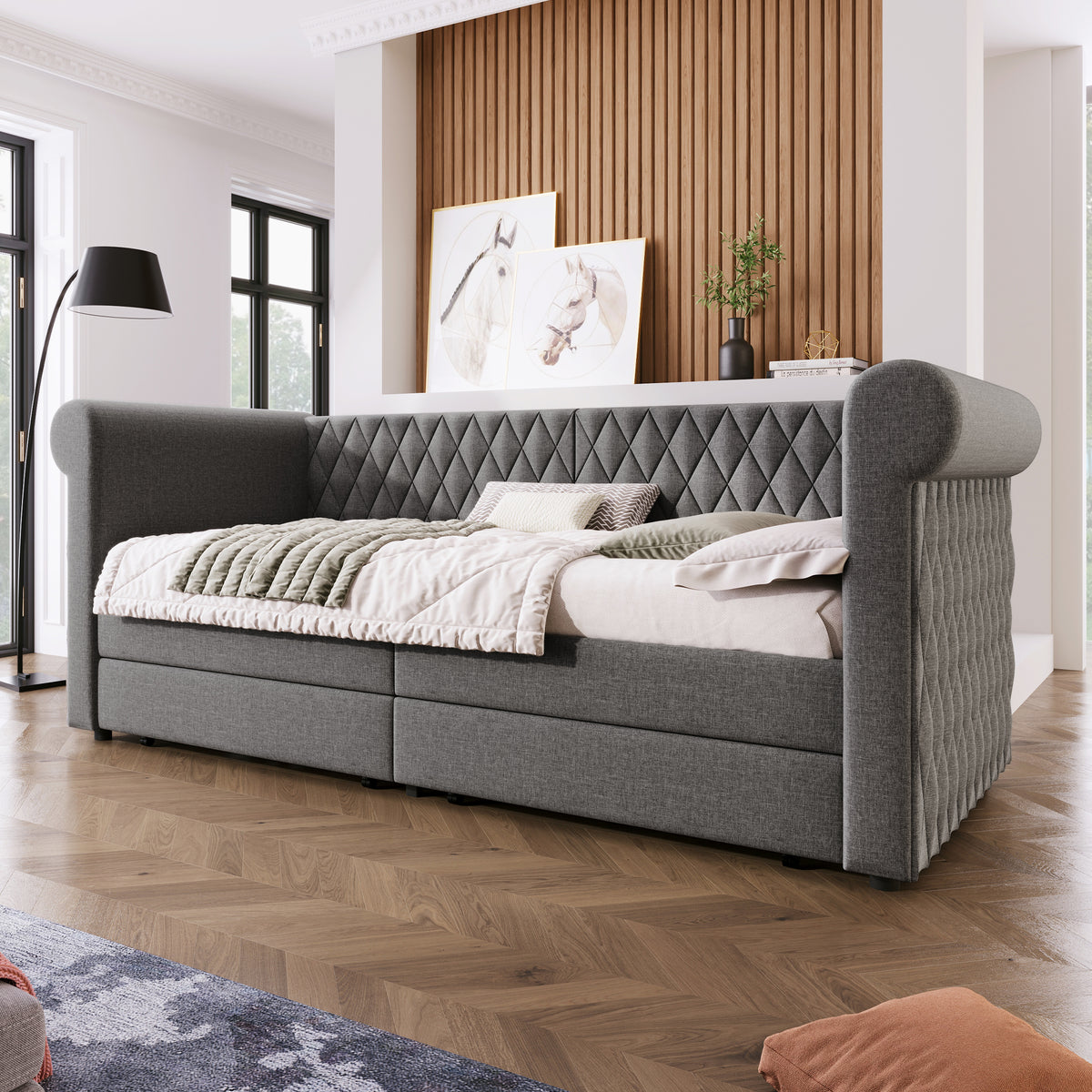 Vintage Upholstered Daybed 90x200cm with 2 Drawers, Grey Linen