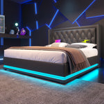 Upholstered Double Bed, 140x200 cm Hydraulic Storage with USB-C Charging & LED, Black PU
