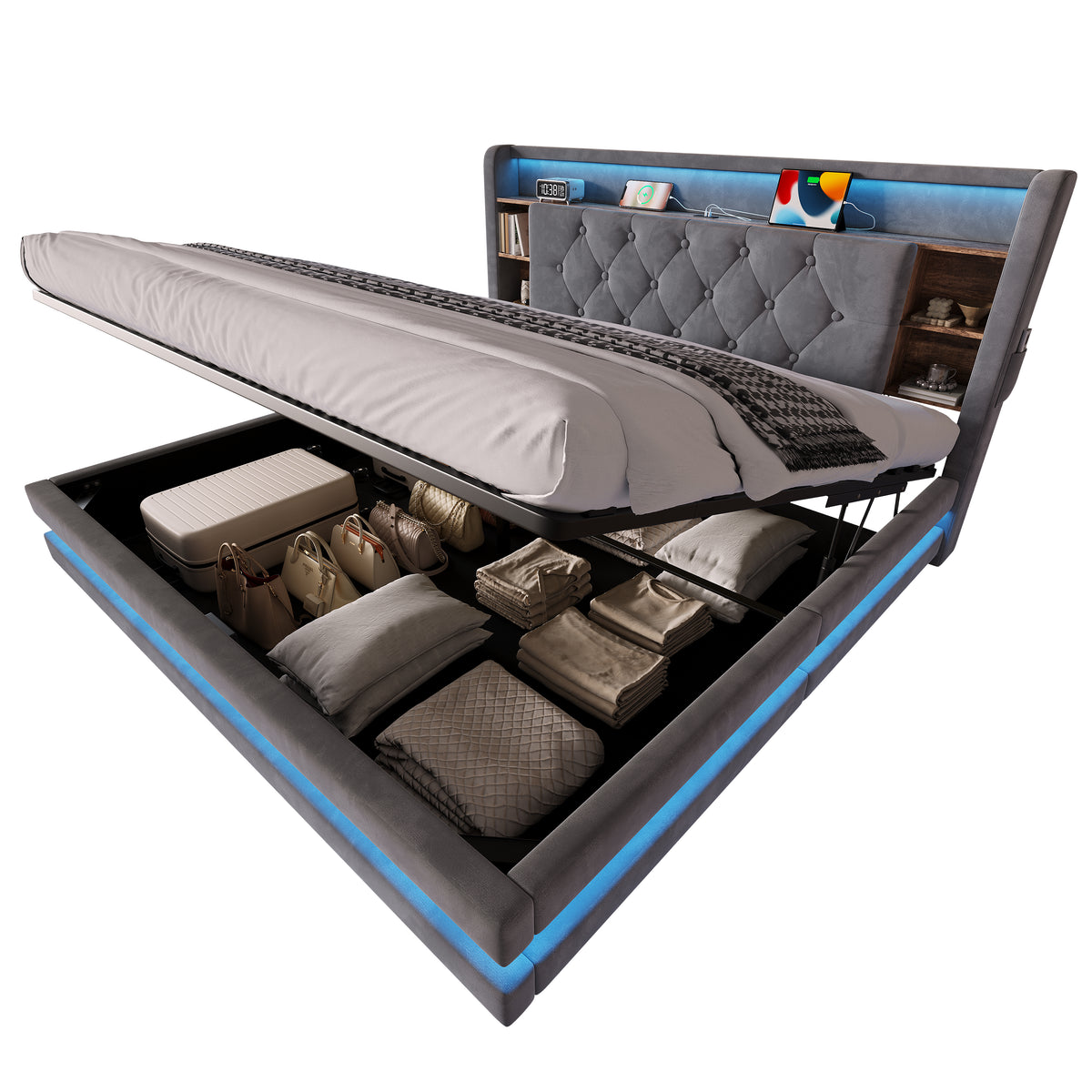 Upholstered Bed 160x200 with Storage & LED, Dark Gray Velvet