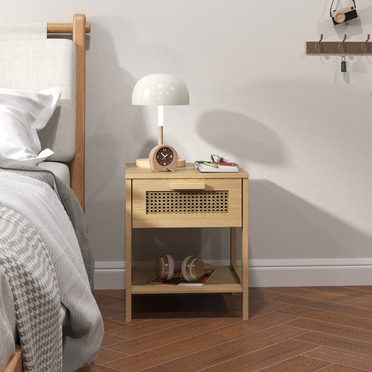 Bedside Table with Drawer, Open Shelf, Rattan Design, Natural