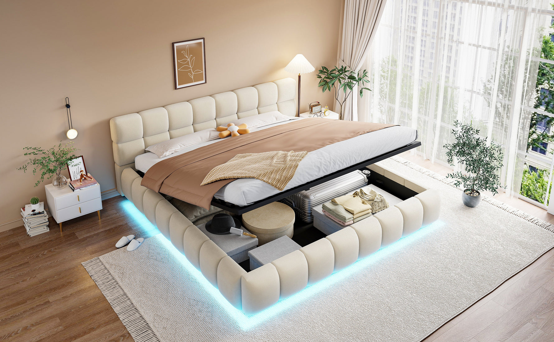 Upholstered Double Bed with Light Strip and Hydraulic Storage, 180x200cm, Beige Velvet Fabric