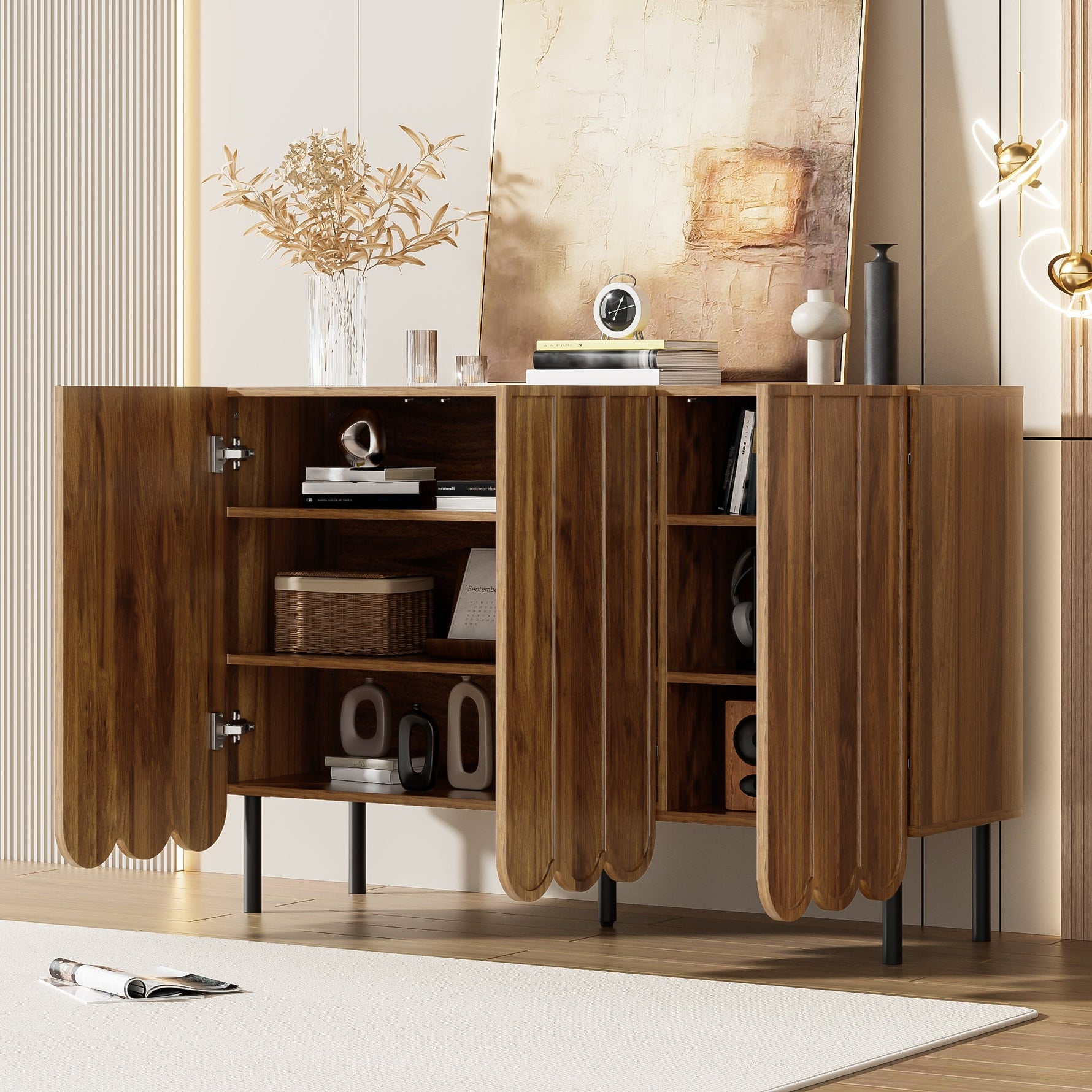 Sideboard - Wave Doors, Handleless, Adjustable Shelves, 120x35x80 cm - Wood