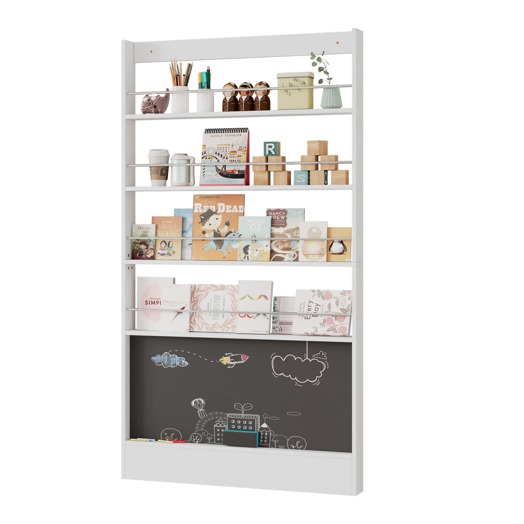 Picture Book Shelf, 2-Piece Set, 4-Tier Storage with Paintable Blackboard