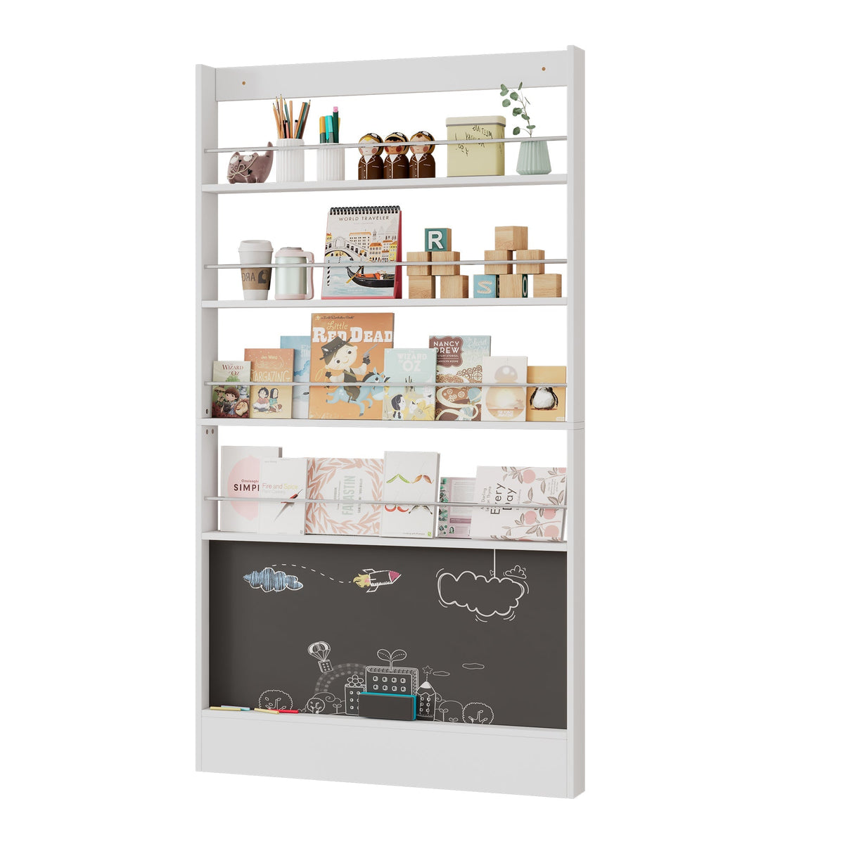 Children's Book Shelf 4-Tier Storage Display Paintable Blackboard Anti-Tip White
