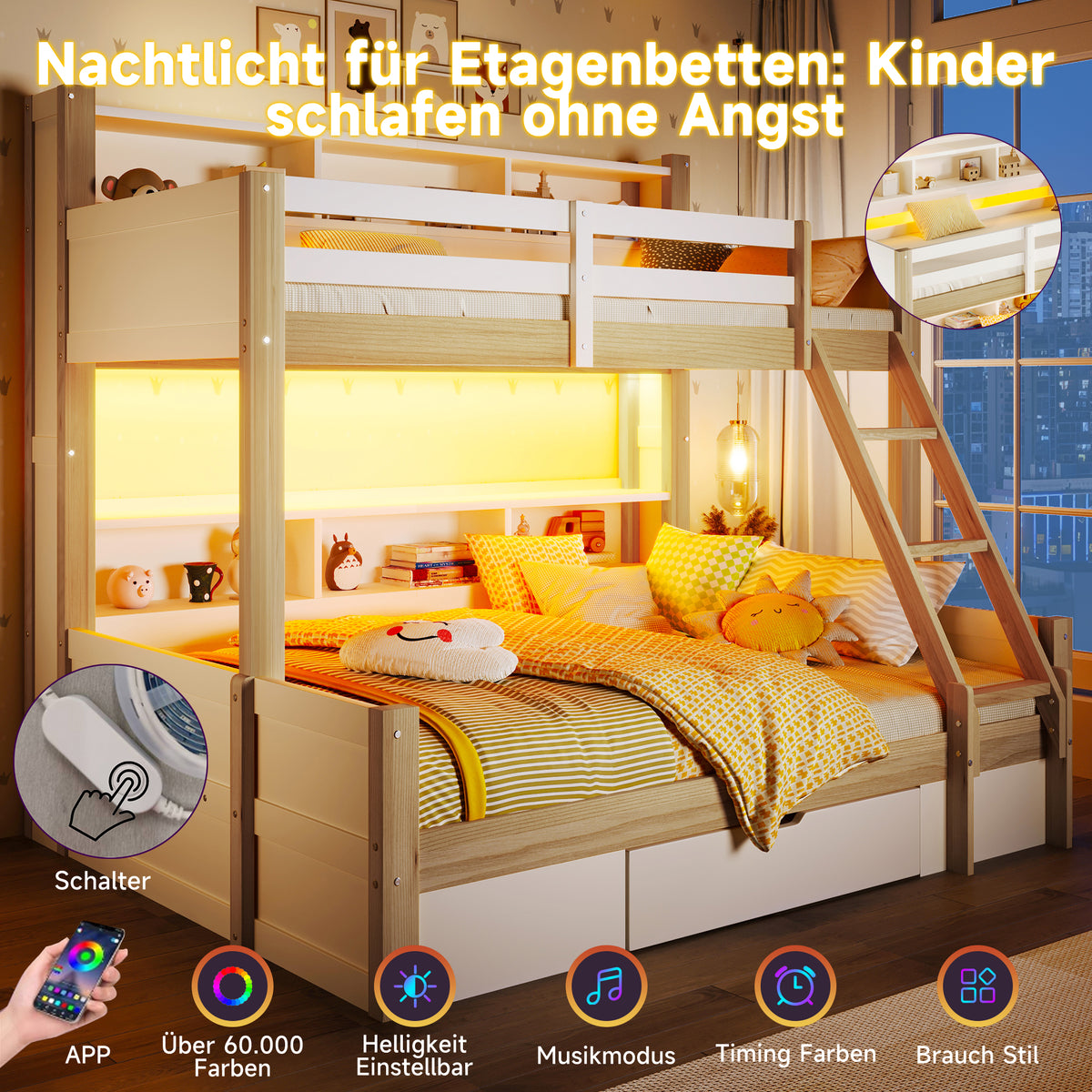 Bunk Bed 90x200 & 140x200 with Storage & LED, White + Natural