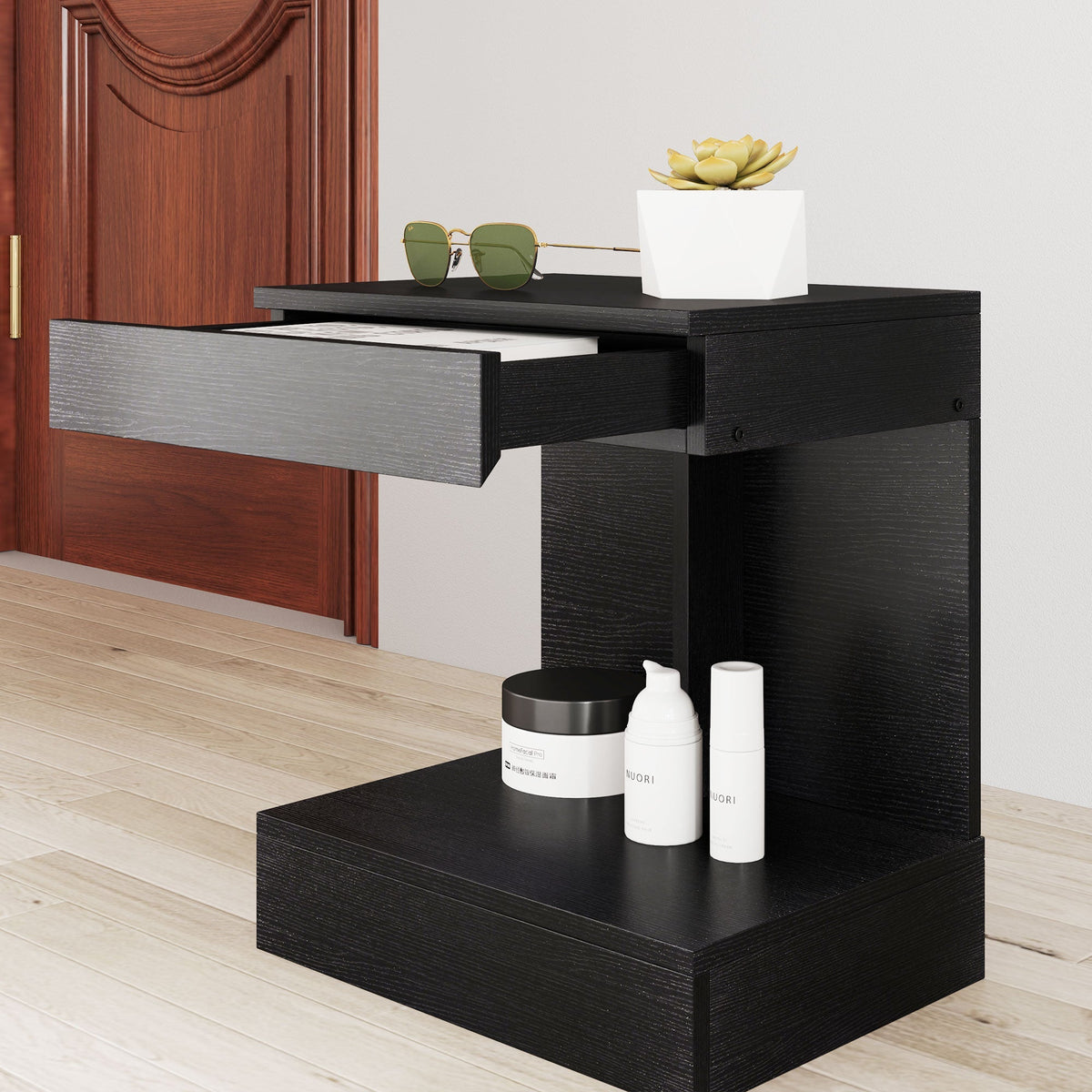 Bedside Table with Drawers, Shelf, 40 x 30 x 46 cm, Black