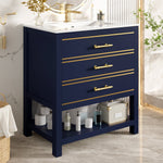 Bathroom Vanity Unit with Ceramic Sink and 2 Drawers, White and Gold