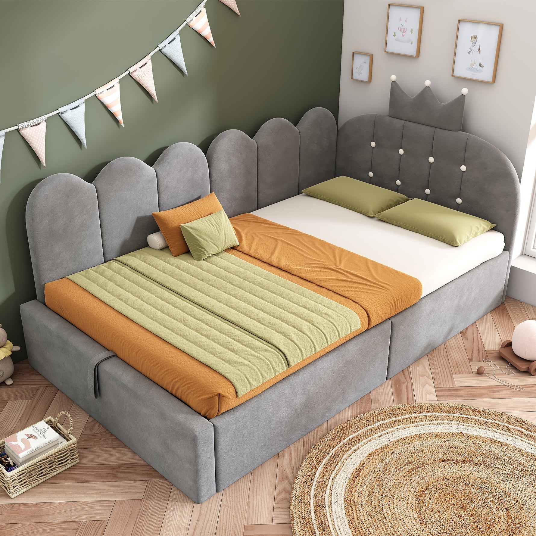 Upholstered Daybed with Hydraulic Storage and Crown Lattice Design, 90x200cm, Grey Velvet